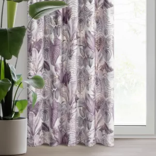 Zasłona welwetowa biało, fioletowa ze wzorem egzotycznych liści 140x270 cm taśma - DAVOS 2