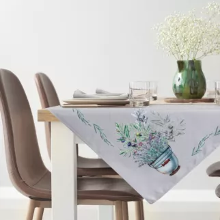 Bieżnik na stół jasnoszaro, fioletowy 85x85 cm SUMMER 1 z nadrukowanym motywem bukietu lawend