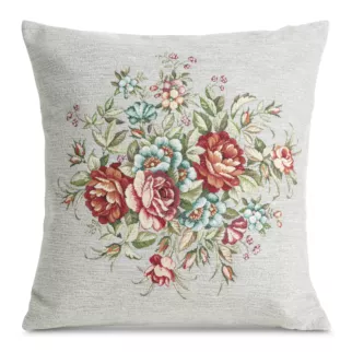 Poszewka na poduszkę 45x45 cm z tkaniny gobelinowej z szenilową nicią z motywem kwiatów szarobeżowa, czerwona
