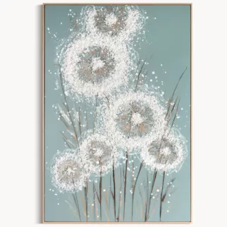 Obraz 3D z dmuchawcami kremowy, jasnoniebieski ręcznie malowany oprawiony w ramę 82x122 cm