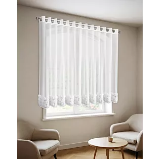 Firana biała z siateczki zdobiona aplikacją 3D w róże 350x160 cm przelotka - ROSES2 - Eva Minge