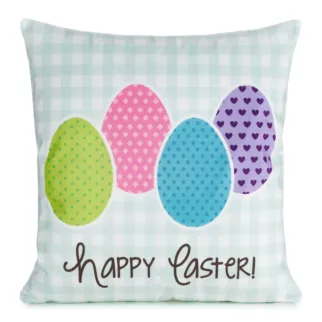 Poszewka na poduszkę 45x45 cm z weluru kolor niebieski zdobiona nadrukiem pastelowych pisanek WIOSNA 1