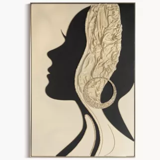 Obraz beżowo, czarny ręcznie malowany z motywem sylwetki kobiety oprawiony w ramę 82x122 cm Eurofirany