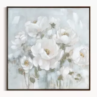 Obraz kremowo, błękitny ręcznie malowany w bukiet subtelnych kwiatów na płótnie 80x80 cm