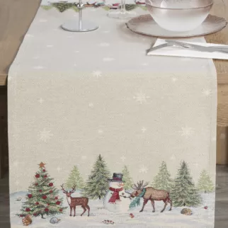 Bieżnik na stół 45x140 cm naturalno, srebrny gobelinowy z motywem zimowej wioski