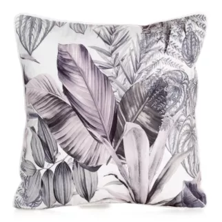 Poszewka na poduszkę 45x45 cm welwetowa, biało fioletowa zdobiona nadrukiem egzotycznych liści DAVOS DESIGN 91