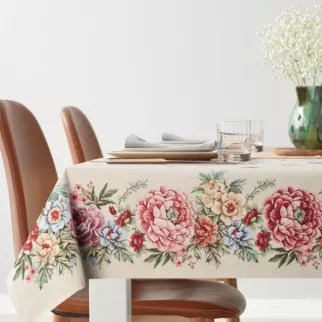 Obrus naturalno, różowy 140x180 cm gobelinowy zdobiony motywem kwiatów