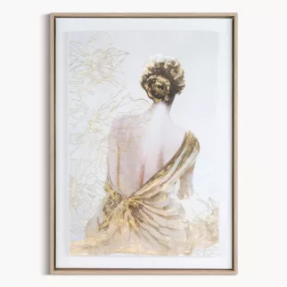 Obraz kremowo, złoty dekorayjny z artystycznym motywem postaci oprawiony w ramę 50x70 cm