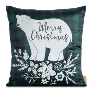 Poszewka na poduszkę 60x60 cm welwetowa, zielono biała z nadrukiem z misia CHERRY