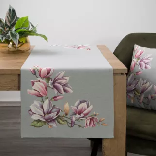 Bieżnik na stół 45x140 cm popielato, różowy gobelinowy zdobiony motywem kwiatów magnolii
