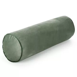 Poduszka dekoracyjna wałek 15 x 45 cm welwetowa oliwkowa zdobiony kontrastującą lamówką GAJA