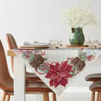 Obrus 100x100 cm srebrzysto, czerwony gobelinowy z motywem świątecznym, przetykany srebrną nicią