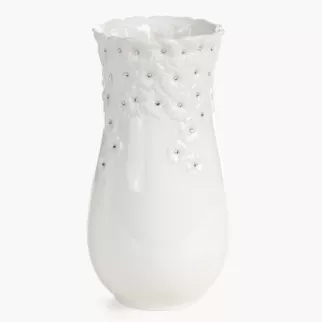 Wazon dekoracyjny biały zdobiony w drobne kwiaty z błyszczącym wykończeniem 14x28 cm ELISA