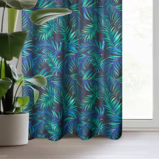 Zasłona czarno, granatowa zdobiona nadrukiem palmowych liści 140x250 cm przelotka - PALMAS