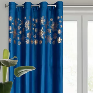 Zasłona granatowo, złota zdobiona świątecznymi śnieżynkami 140x250 cm przelotka - ASTRA