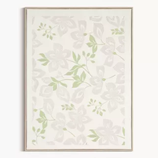 Obraz kremowo, zielony nadruk na płótnie zdobiony drobnymi kwiatami 45x60 cm