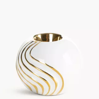 Świecznik dekoracyjny biało, złoty zdobiony subtelnymi liniami 10x9 cm ESTELA