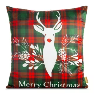 Poszewka na poduszkę 60x60 cm welwetowa, czerwono zielona z reniferem CHERRY