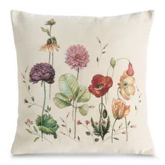 Poszewka na poduszkę 45x45 cm bawełniana, gobelinowa kremowo, zielona z motywem letnich kwiatów GOB