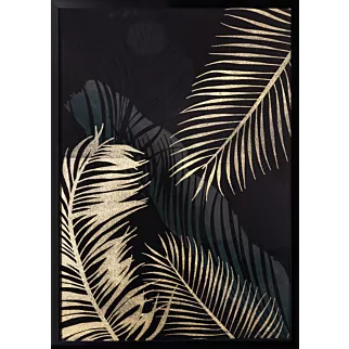 Obraz z nadrukiem błyszczących złotych liści w czarnej ramce