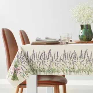 Obrus naturalno, zielony 140x180 cm gobelinowy z tkanym motywem lawendy