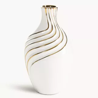 Wazon dekoracyjny biało, złoty zdobiony subtelnymi liniami 17x30 cm ESTELA