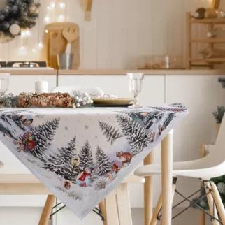 Obrus naturalno, srebrny 140x180 cm gobelinowy z mieszanki włókien z wzorem zimowego miasteczka