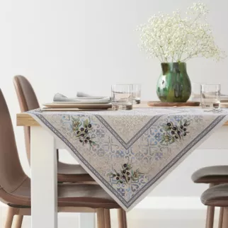 Obrus naturalno, niebieski 100x100 cm gobelinowy z nadrukiem gałązki oliwnej