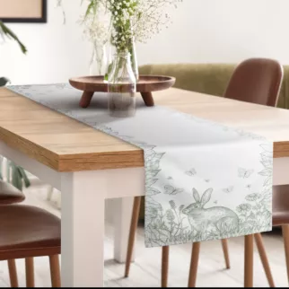 Bieżnik na stół kremowo, zielony 40x140 cm o strukturze lnu WIOSNA 6 z nadrukiem wiosennym