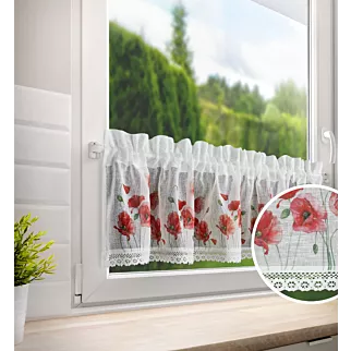 Zazdrostka biało, czerwona z etaminy w stylu sielankowym w kwiaty maków 150x30 cm tunel MARI