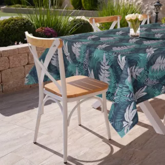 Obrus granatowo, turkusowy 140x220 cm wodoodporny GARDEN na taras oraz balkon z motywem botanicznym