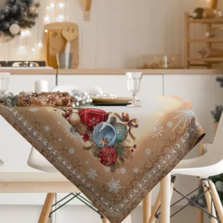 Obrus złoty 140x180 cm gobelinowy z mieszanki włókien zdobiony świątecznym wzorem