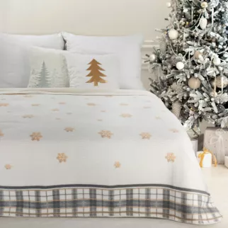 Koc bawełniano, akrylowy 200x220 cm biało, czarny świąteczny z motywem kraty i śnieżynek ANGEL