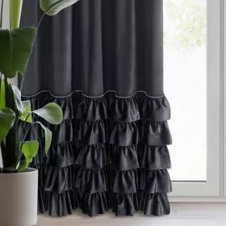 Zasłona welwetowa czarna zdobiona falbanami i lśniącymi akcentami 140x270 cm taśma - CARLI