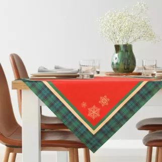 Bieżnik na stół czerwono, zielony 85x85 cm welwetowy CHERRY z motywem śnieżynek i ozdobną kantą w kratkę