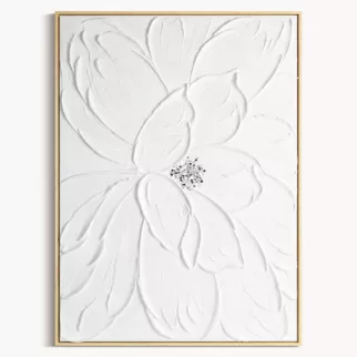 Obraz biały ręcznie malowany trójwymiarowy kwiat zdobiony kryształkami 60x90 cm
