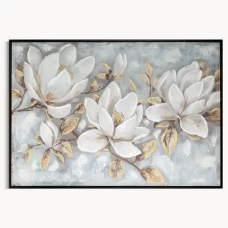 Obraz kremowo, beżowy ręcznie malowane magnolie na płótnie z błyszczącymi akcentami 70x140 cm