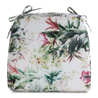 Poduszka na krzesło 38 x 40 x 4 cm  wodoodporna biało, zielona zdobione roślinnym wzorem GARDEN