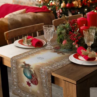 Bieżnik na stół złoty 40x100 cm gobelinowy z mieszanki włókien zdobiony świątecznym wzorem