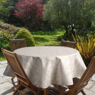Obrus okrągły beżowo, biały średnica 150 cm wodoodporny GARDEN na taras oraz balkon z motywem palmowych liści