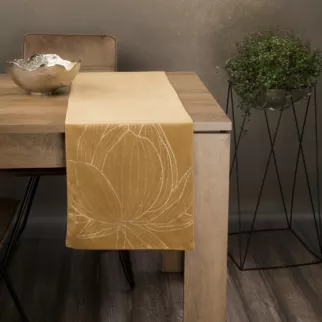 Bieżnik na stół miodowo, złocisty 35x180 cm welwetowy BLINK 12 z dużym wzorem kwiatu lotosu