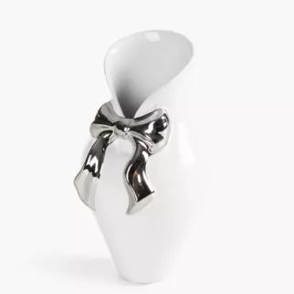 Wazon biały dekoracyjny z ozdobną srebrną kokardką 11x20 cm AKIRA