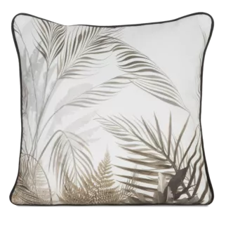 Poszewka na poduszkę 45x45 cm welwetowa biało beżowa z nadrukiem liści palmy i wypustką na brzegach EVA 17 B Eva Minge