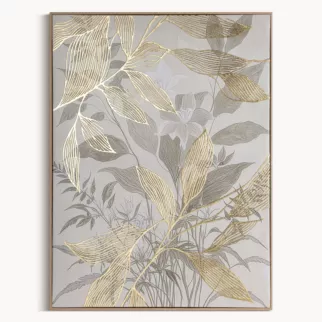 Obraz beżowo, złoty nadruk na płótnie z motywem liści 60x80 cm