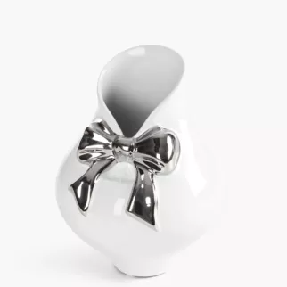 Wazon biały dekoracyjny z ozdobną srebrną kokardką 14x19 cm AKIRA