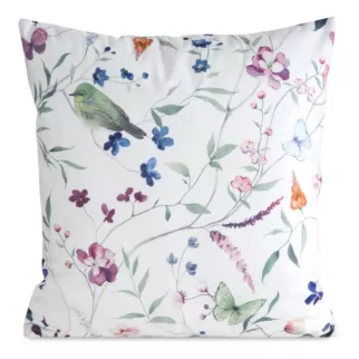Poszewka na poduszkę 45x45 cm welwetowa biało, zielona zdobiona nadrukiem letnich kwiatów MINK