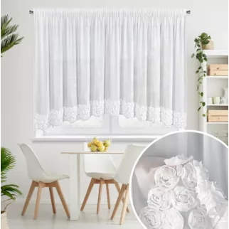 Firana biała z szyfonu zdobiona łukiem 3D róż 400x160 cm taśma - ROSES - Eva Minge