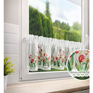 Zazdrostka biało, czerwona z etaminy zdobiona nadrukiem czerwonych tulipanów i koronką 150x30 cm tunel STELLA