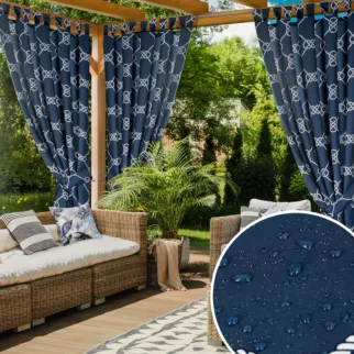Zasłona granatowo, biała z wodoodpornej tkaniny idealna do ogrodu i na taras 155x200 cm szelki/rzep - GARDEN
