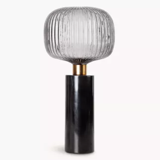 Lampa stołowa do salonu czarno, grafitowa LUKA o marmurowej podstawie i szklanym tłoczonym kloszem